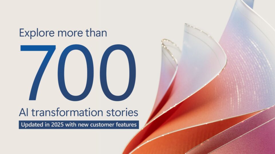 An image stating: Explore more than 700 customer stories, with artistic waves on the right side.