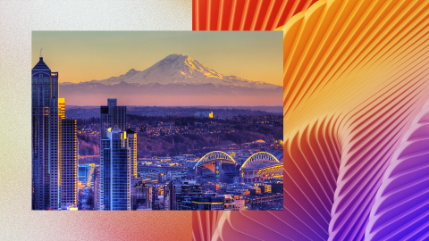 Seattle skyline with Mount Rainier in the background overlaying an artistic design of orange, purple, and red arches
